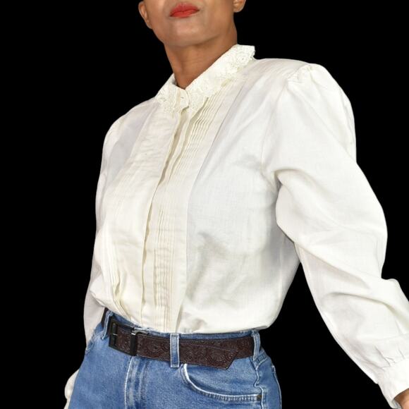 Vintage Peter Pan Collar Shirt White Shoulder Pads Gigot Embroidery Lace Large - Picture 2 of 16